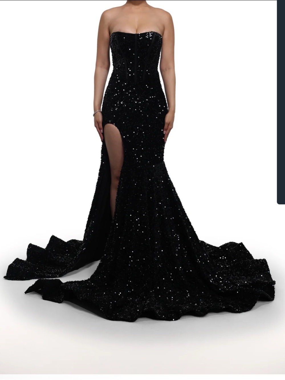 Strapless Black Sequin Mermaid Gown with High Slit